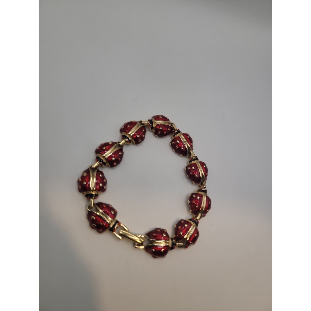 Red Rhinestone Ladybug Bracelet Gold Tone Figural Insect Link Statement Jewelry